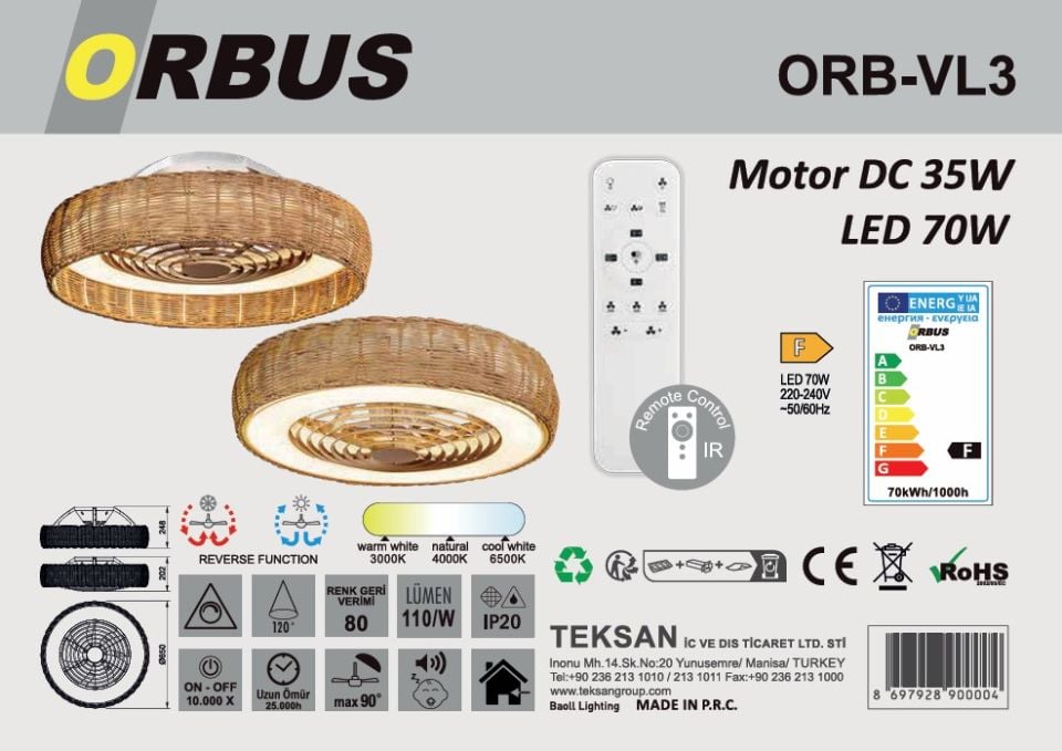 ORBUS 70W MOTOR 35W AYD KUMANDALI TAVAN VANTİLATÖ