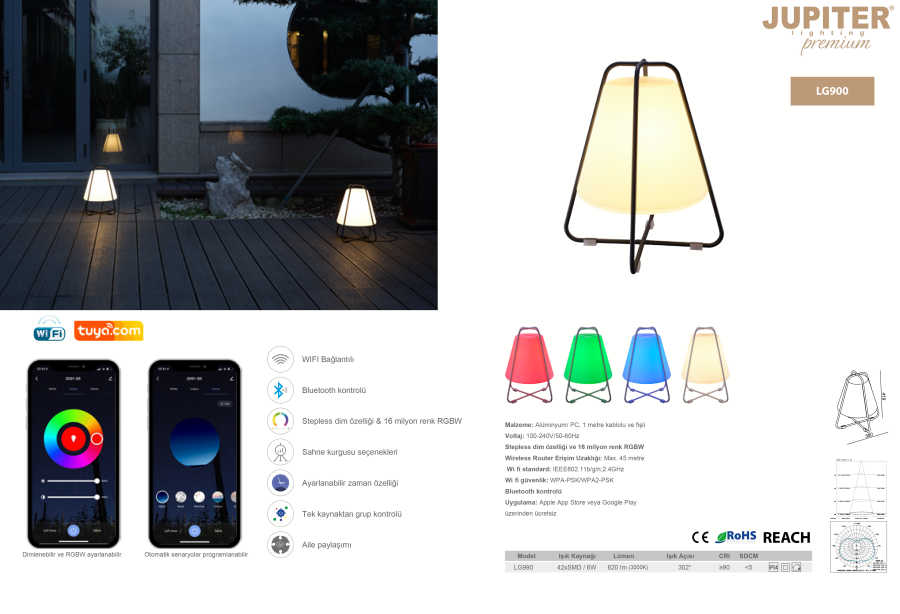 LG900 6W RGB IP54 (WİFİ) TAŞINABİLİR BAHÇE ARM JUP