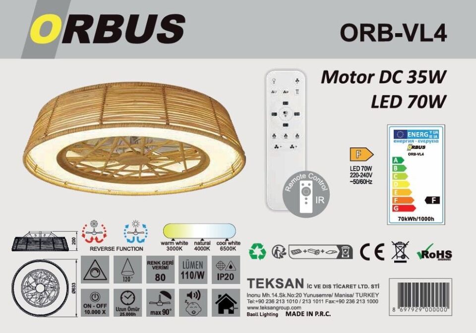 ORBUS 70W MOTOR 35W AYD KUMANDALI TAVAN VANTİLATÖR