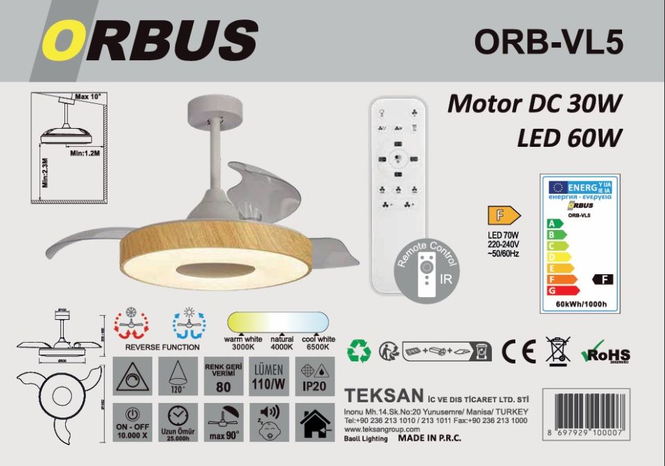 ORBUS 60W MOTOR 30W AYD KUMANDALI TAVAN VANTİLATÖ
