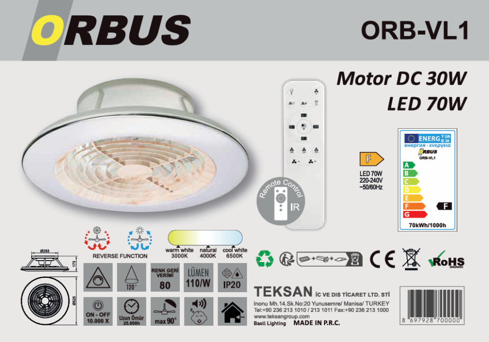 ORBUS 70W MOTOR 30W AYD KUMANDALI TAVAN VANİLATÖR