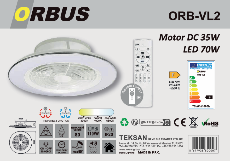 ORBUS 70W MOTOR 35W AYD KUMANDALI TAVAN VANTİLATÖ